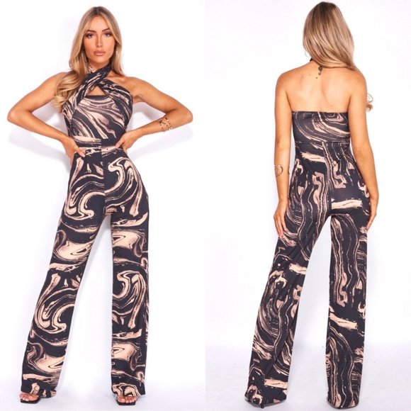 Pants - Marble Print Sleeveless Halter Neck Open Back Wide Leg Jumpsuit Playsuit